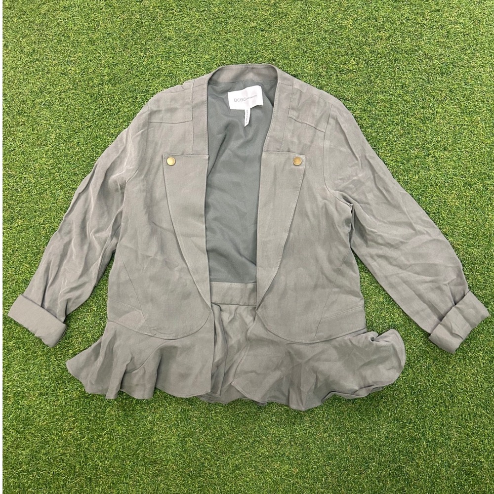 BCBGeneration Olive Green Peplum Open Front Blazer Jacket Gold Snaps XS